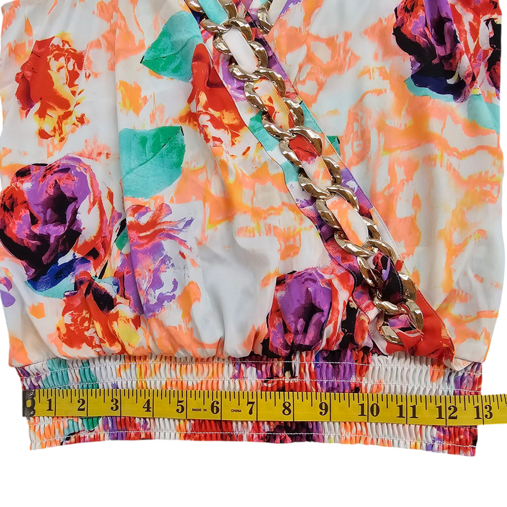 Bebe Blouse Womens Size Small Multicolor Floral Sleeveless Wrap Top Embellished - Picture 16 of 16